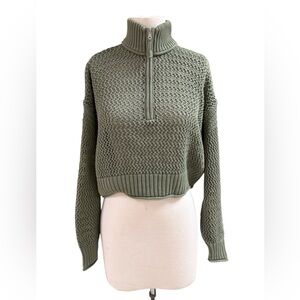 NWT Aerie Chunky Knit 1/2 Zip Mock Neck Relaxed Sweater Green Crochet Women’s XS